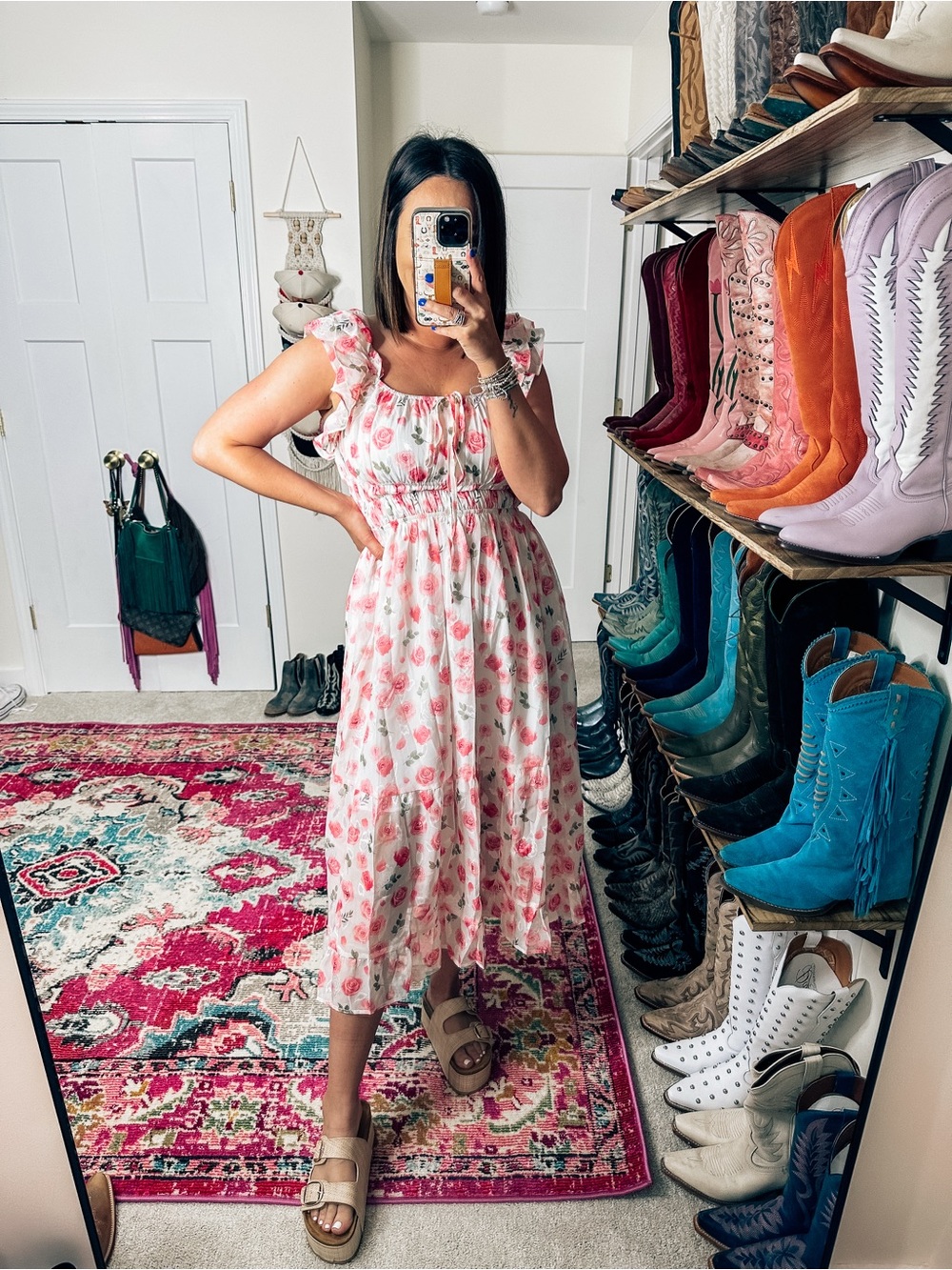 Floral Pink Tiered Midi Dress with Ruffle Sleeves